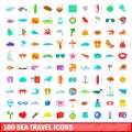 100 sea travel icons set, cartoon style Royalty Free Stock Photo