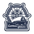 Sea travel logo. Ship steering wheel, helm, rudder