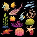 Sea tropical fish, coral, star cartoon vector set Royalty Free Stock Photo