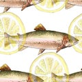 Sea trout fish with lemon, watercolor painting illustration on a white paper art background