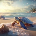 Sea turtle on beach, beautiful summer scene, AI generated illustration Royalty Free Stock Photo