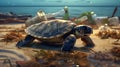 Sea turtle on the beach with plastic waste surrounding it. AI-generated. Royalty Free Stock Photo