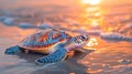 Sea turtle on the beach at sunset, close-up. Nature background. Generative AI