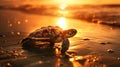 A sea turtle on the beach at sunset, with the sun casting a golden glow over the scene Royalty Free Stock Photo