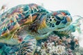 A sea turtle blending with the colors and textures of coral reefs in a double exposure Royalty Free Stock Photo