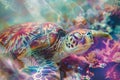 A sea turtle blending with the colors and textures of coral reefs in a double exposure Royalty Free Stock Photo