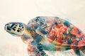 A sea turtle blending with the colors and textures of coral reefs in a double exposure Royalty Free Stock Photo