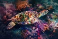 A sea turtle blending with the colors and textures of coral reefs in a double exposure Royalty Free Stock Photo