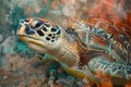 A sea turtle blending with the colors and textures of coral reefs in a double exposure Royalty Free Stock Photo