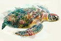 A sea turtle blending with the colors and textures of coral reefs in a double exposure Royalty Free Stock Photo