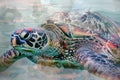 A sea turtle blending with the colors and textures of coral reefs in a double exposure Royalty Free Stock Photo