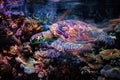 A sea turtle blending with the colors and textures of coral reefs in a double exposure Royalty Free Stock Photo