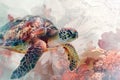 A sea turtle blending with the colors and textures of coral reefs in a double exposure Royalty Free Stock Photo