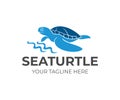 Sea turtle by the coastline and waves, logo design. Animal, wildlife, sea life and nature, vector design