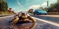 A sea turtle crosses the road on a sunny day Royalty Free Stock Photo