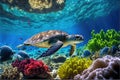 Sea turtle in crystal clear water. Amazing crystalline seabed. Reef full of life. Generative AI Royalty Free Stock Photo