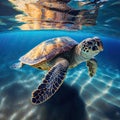 Sea turtle in crystal clear water. Amazing crystalline seabed. Reef full of life. Generative AI Royalty Free Stock Photo