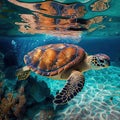 Sea turtle in crystal clear water. Amazing crystalline seabed. Reef full of life. Generative AI Royalty Free Stock Photo