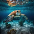 Sea turtle in crystal clear water. Amazing crystalline seabed. Reef full of life. Generative AI Royalty Free Stock Photo