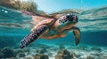 Sea turtle in crystal clear water. Generative AI Royalty Free Stock Photo