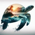 sea turtle double exposure of tropical island landscape at sunset over white background Royalty Free Stock Photo