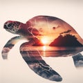 sea turtle double exposure of tropical island landscape at sunset over white background Royalty Free Stock Photo