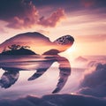 sea turtle double exposure of tropical island landscape at sunset over white background Royalty Free Stock Photo