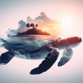 sea turtle double exposure of tropical island landscape at sunset over white background Royalty Free Stock Photo