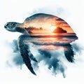 sea turtle double exposure of tropical island landscape at sunset over white background Royalty Free Stock Photo