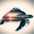 sea turtle double exposure of tropical island landscape at sunset over white background Royalty Free Stock Photo