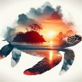 sea turtle double exposure of tropical island landscape at sunset over white background Royalty Free Stock Photo