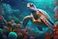 Sea turtle drifting above the sea floor adorned with a variety of underwater plants. Generative AI