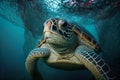 Sea turtle entangled in a discarded fishing net. Generative AI