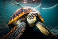 Sea turtle entangled in a discarded fishing net. Generative AI