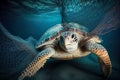 Sea turtle entangled in a discarded fishing net. Generative AI