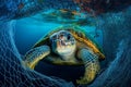 Sea turtle entangled in a discarded fishing net. Generative AI