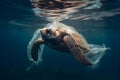 Sea turtle entangled in a plastic bag, environmental pollution, Generative AI 1