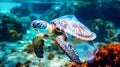 Sea turtle entangled of plastic bag Floating Up Over Coral reef