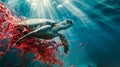 The sea turtle entangled in net.AI generated image Royalty Free Stock Photo