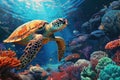 Sea turtle explores the depths above a lush and diverse underwater garden, showcasing a vibrant and peaceful aquatic ecosystem.