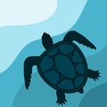 Sea turtle. floating in the thickness of sea turtle water. Cold blue gamma. Vector image