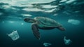 A sea turtle glides gracefully through clear ocean waters, surrounded by floating plastic waste Royalty Free Stock Photo