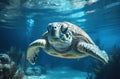 Sea turtle gracefully swims in blue waters, underwater marine life concept