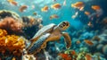 A sea turtle gracefully swims over a bustling coral reef, surrounded by vibrant marine life. The turtles smooth