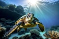 Sea turtle with a group of colorful corals underwater in the ocean, underwater world in the ocean. Royalty Free Stock Photo