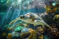 A sea turtle illuminated by beams of sunlight piercing the ocean\'s surface near a vibrant coral reef. Generative AI Royalty Free Stock Photo