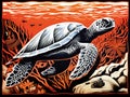 Sea Turtle Linocut Detailed Underwater Portrait