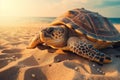 Sea turtle lying on the beach at sunset. World Turtle Day Royalty Free Stock Photo