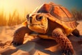 Sea turtle lying on the beach at sunset. World Turtle Day Royalty Free Stock Photo