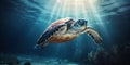 Sea turtle multicolored deep underwater. Conservation population Generative AI